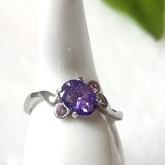 Stainless Steel Cocktail Ring Purple CZ Amethyst Color | Hypoallergenic - Picture 1 of 12